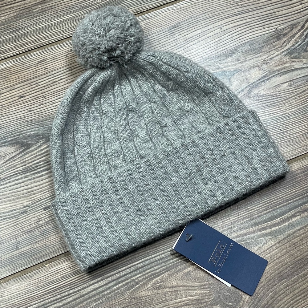 Polo Ralph Lauren Women's Cable-Knit Cashmere Pom Cuffed Beanie Gray NWT $198